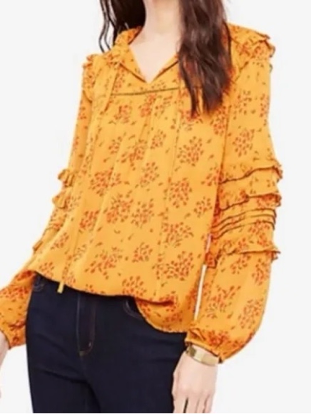 Ann Taylor Mustard Floral Ruffle Blouse, lightweight long sleeve blouse size XL
